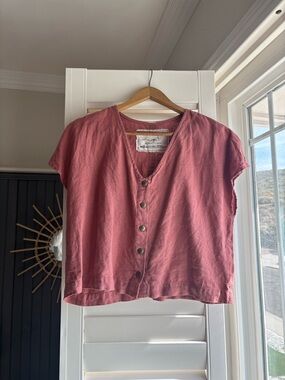 notPERFECTLINEN Dusty Rose Button-Front Short Sleeve Linen Top
